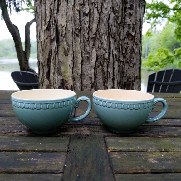 Rare! Vintage Pair of Teal Scroll Design Ceramic Teacups Made in England